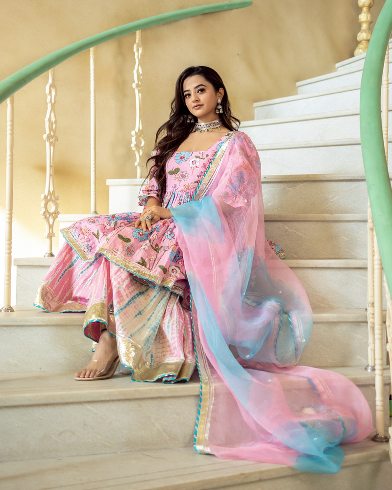 BEAUTIFUL FLORAL PINK SHARARA SET WITH DUPATTA