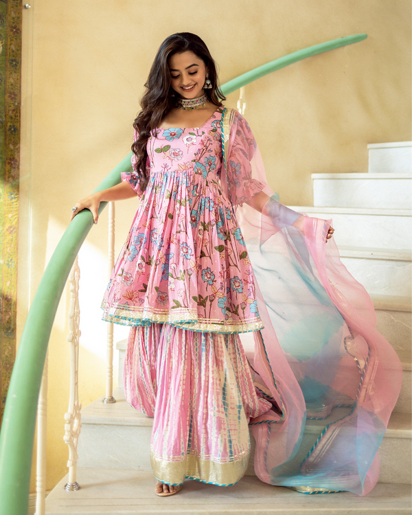 BEAUTIFUL FLORAL PINK SHARARA SET WITH DUPATTA