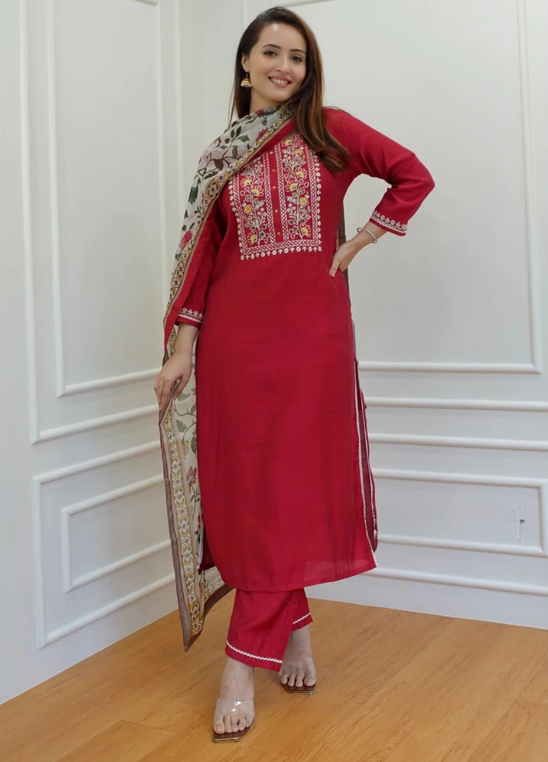 BEAUTIFUL RED EMBROIDERY SUIT WITH DUPATTA