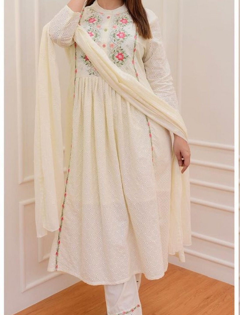 White schiffli chikankari set Suit With Dupatta