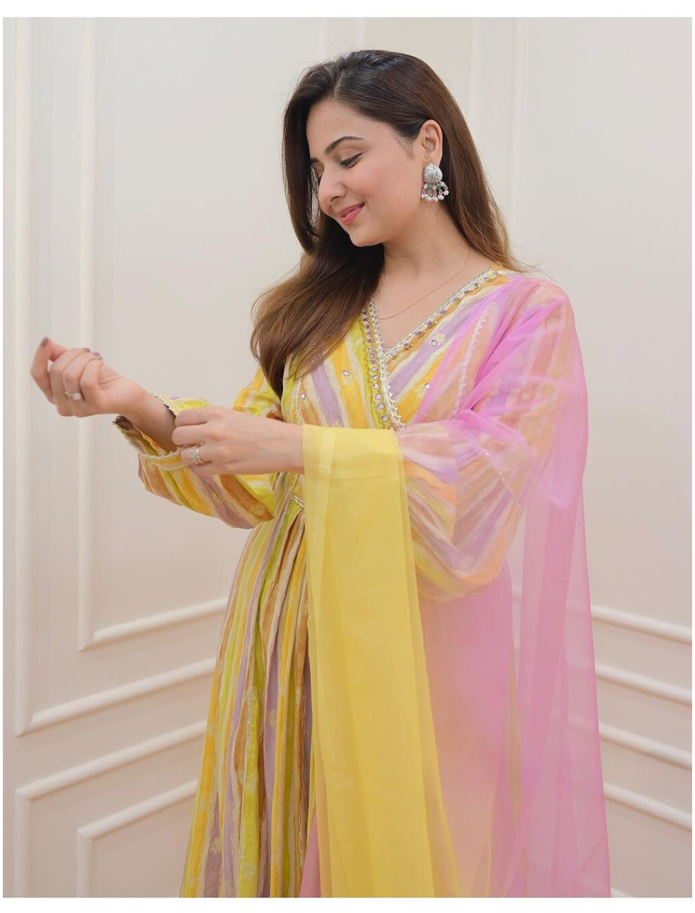 Leheriya Yellow - Lilac Muslin Suit Set with Dupatta