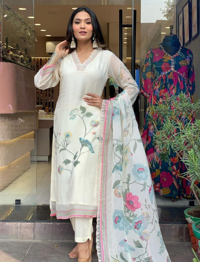 Beautiful White Heavy Floral Suit With Dupatta