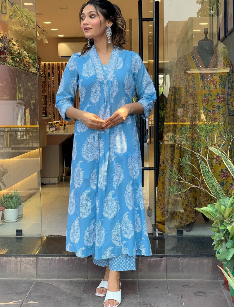 Designer Sky Blue Printed Suit With Dupatta