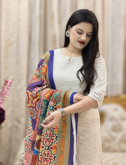 Chikankari White Embroidered Suit With Dupatta