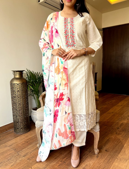 Classic Chikankari Suit With Colorful Dupatta