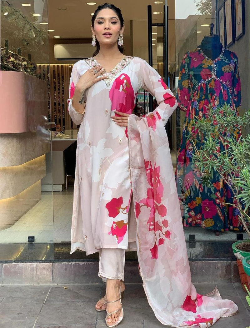 Designer White Printed Suit With Dupatta