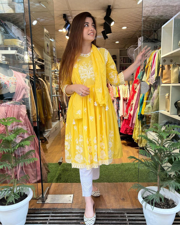 Beautiful Yellow Embroidered Suit With Dupatta