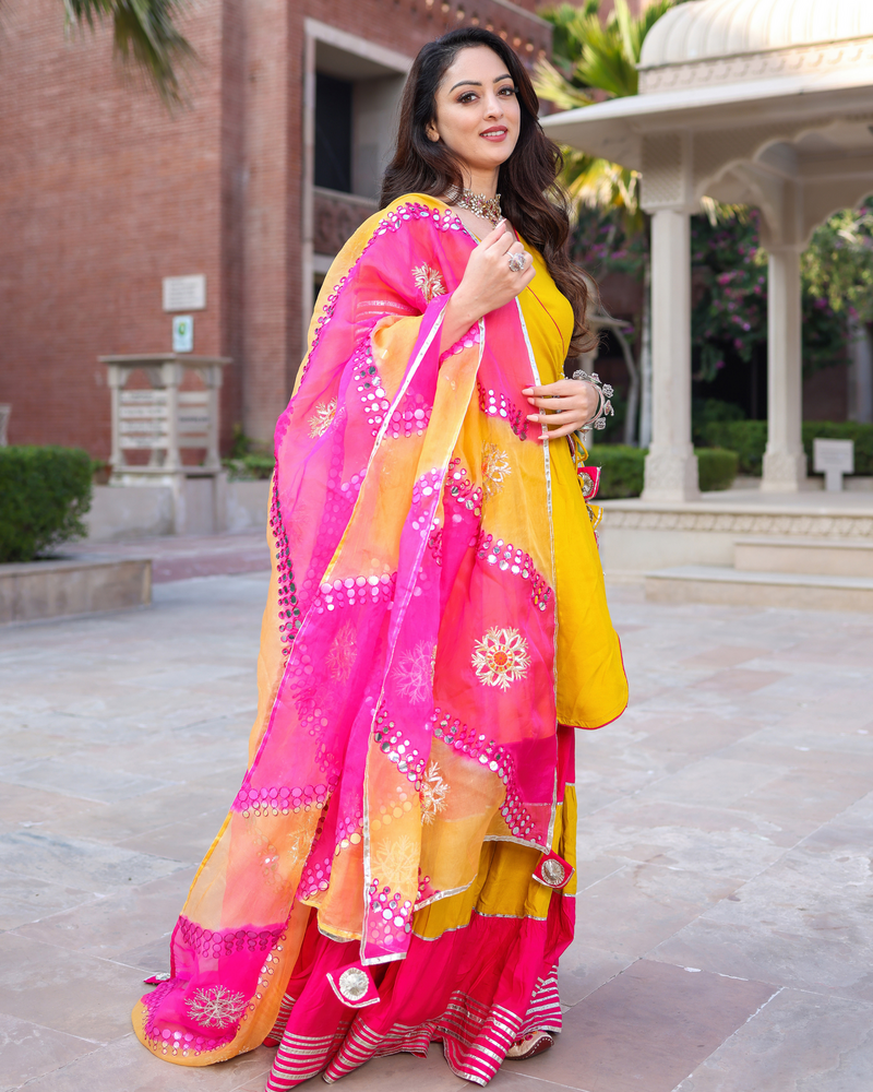 Designer Yellow & Pink Anarkali sharara With Dupatta