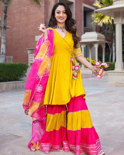 Designer Yellow & Pink Anarkali sharara With Dupatta