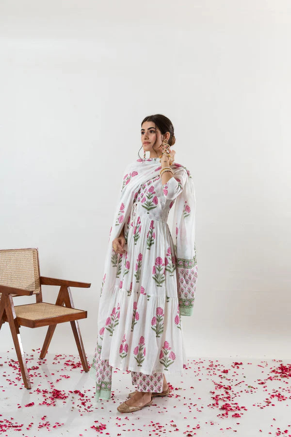 White Floral Printed Cotton Suit Set