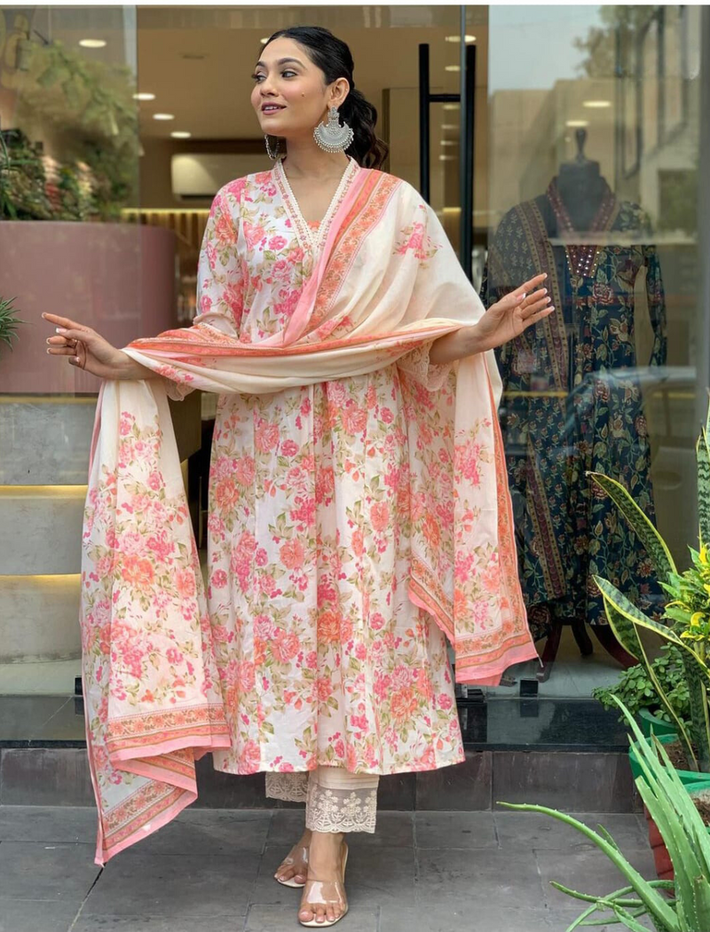 Beautiful Floral Motif Printed Suit With Dupatta