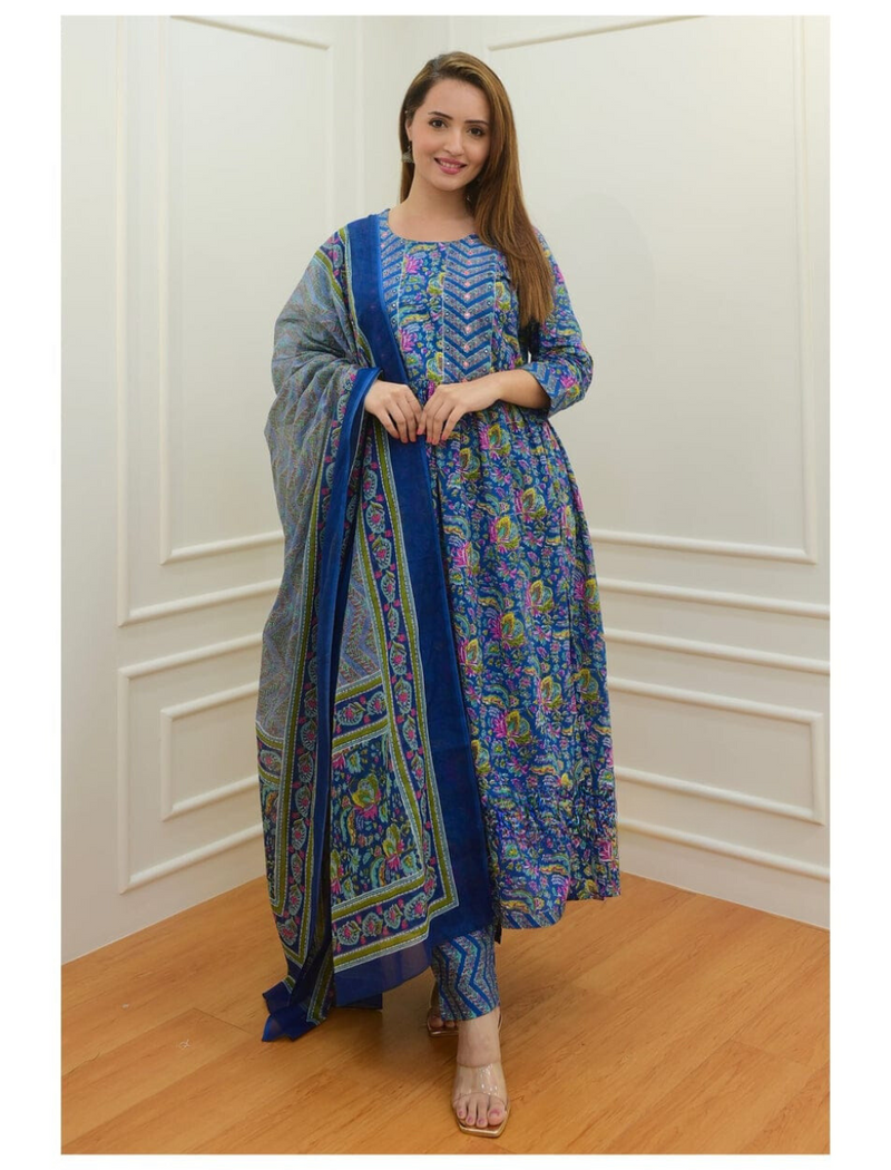 Sanganeri Block Printed Anarkali Suit Set With Dupatta