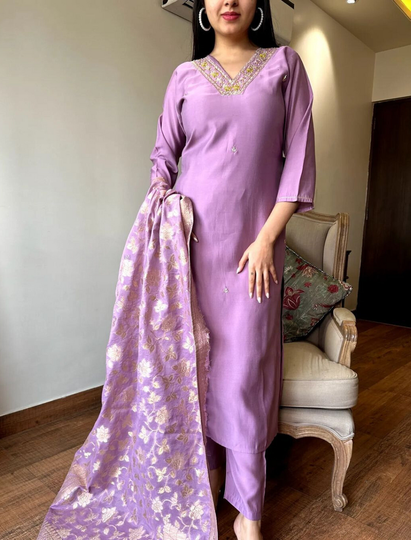 Elegant Purple Embroidered Suit With Dupatta