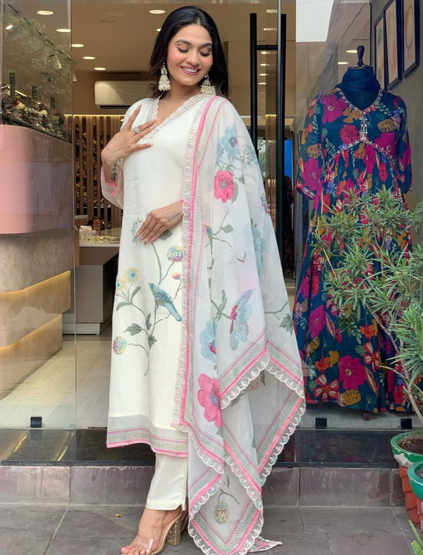 Beautiful White Heavy Floral Suit With Dupatta