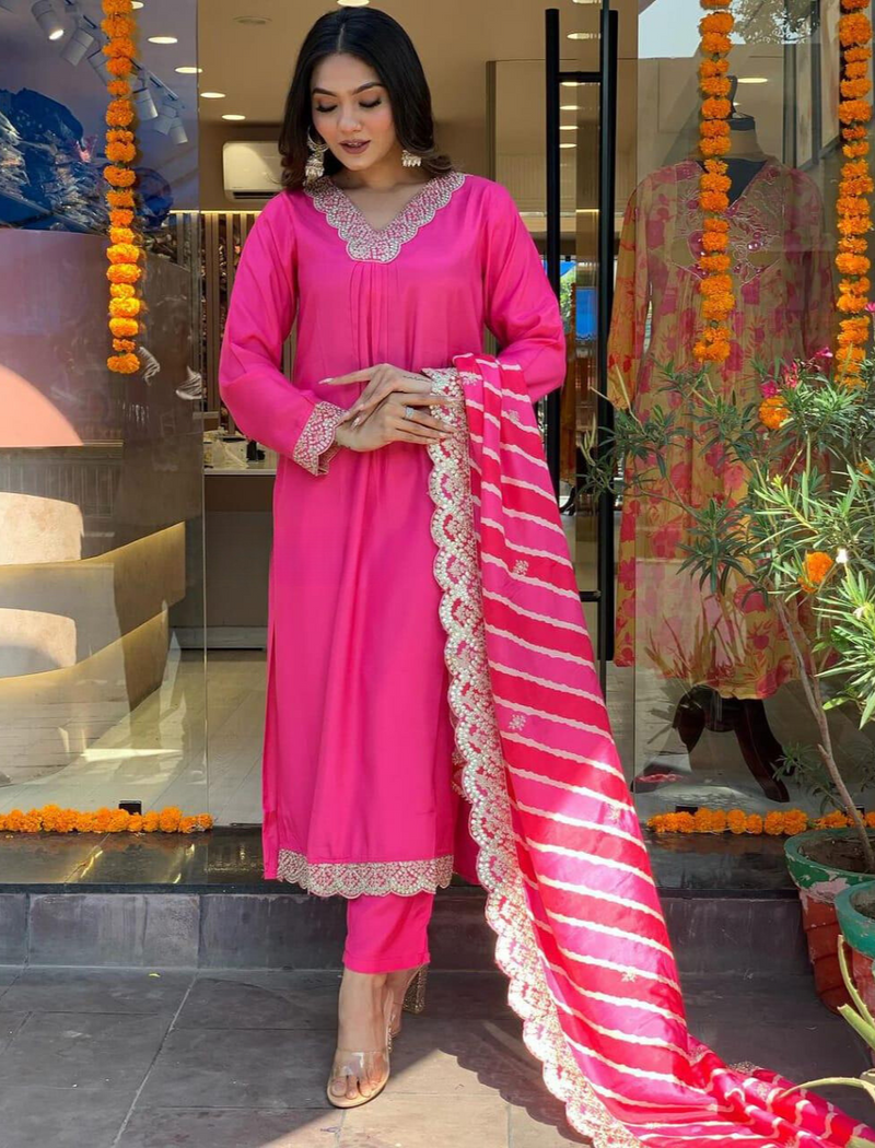 Premium Pink Hand Work Embroidered Suit With Dupatta