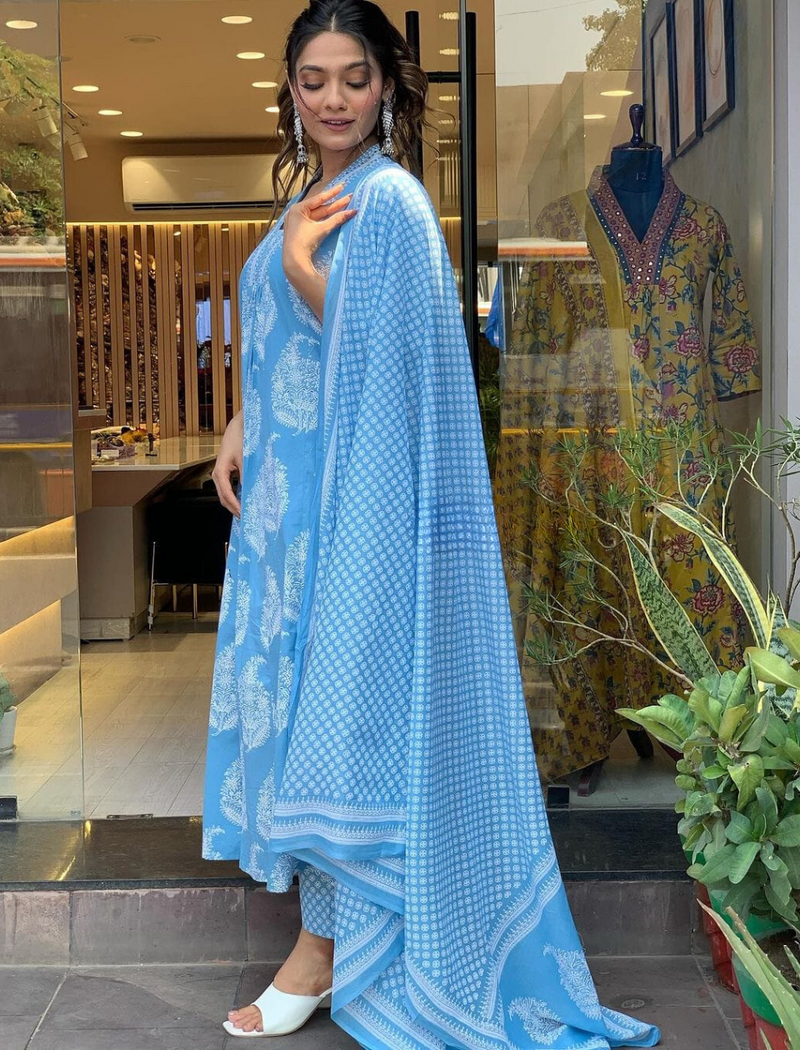 Designer Sky Blue Printed Suit With Dupatta