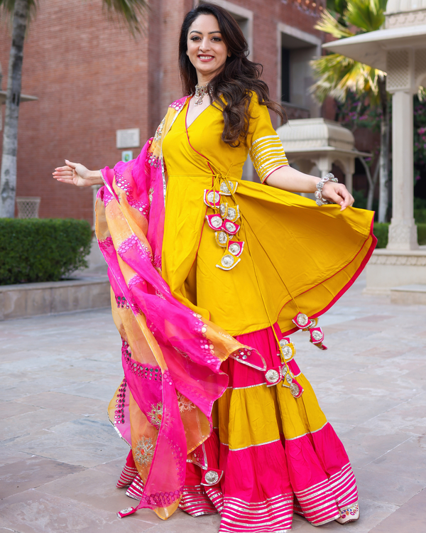 Designer Yellow & Pink Anarkali sharara With Dupatta