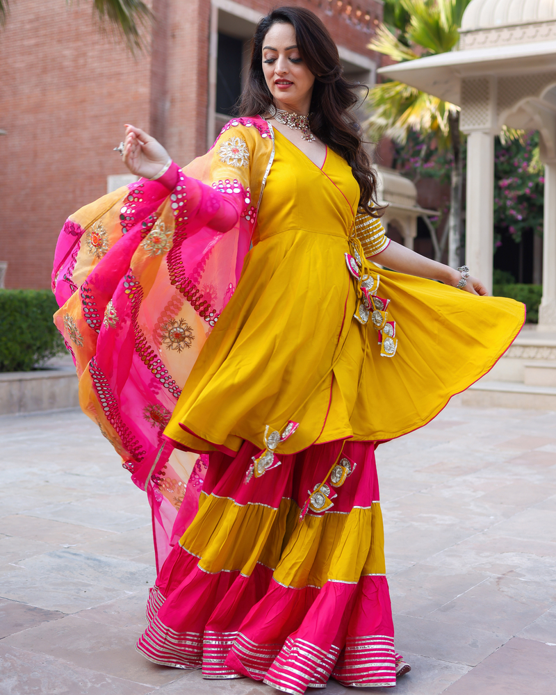 Designer Yellow & Pink Anarkali sharara With Dupatta