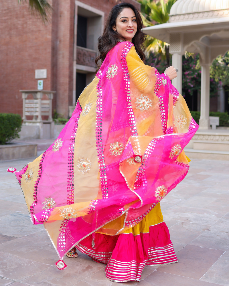 Designer Yellow & Pink Anarkali sharara With Dupatta