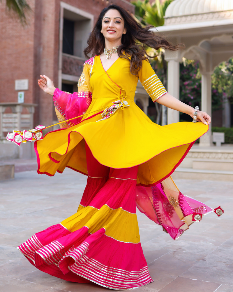 Designer Yellow & Pink Anarkali sharara With Dupatta