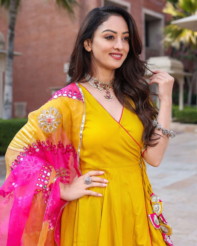 Designer Yellow & Pink Anarkali sharara With Dupatta