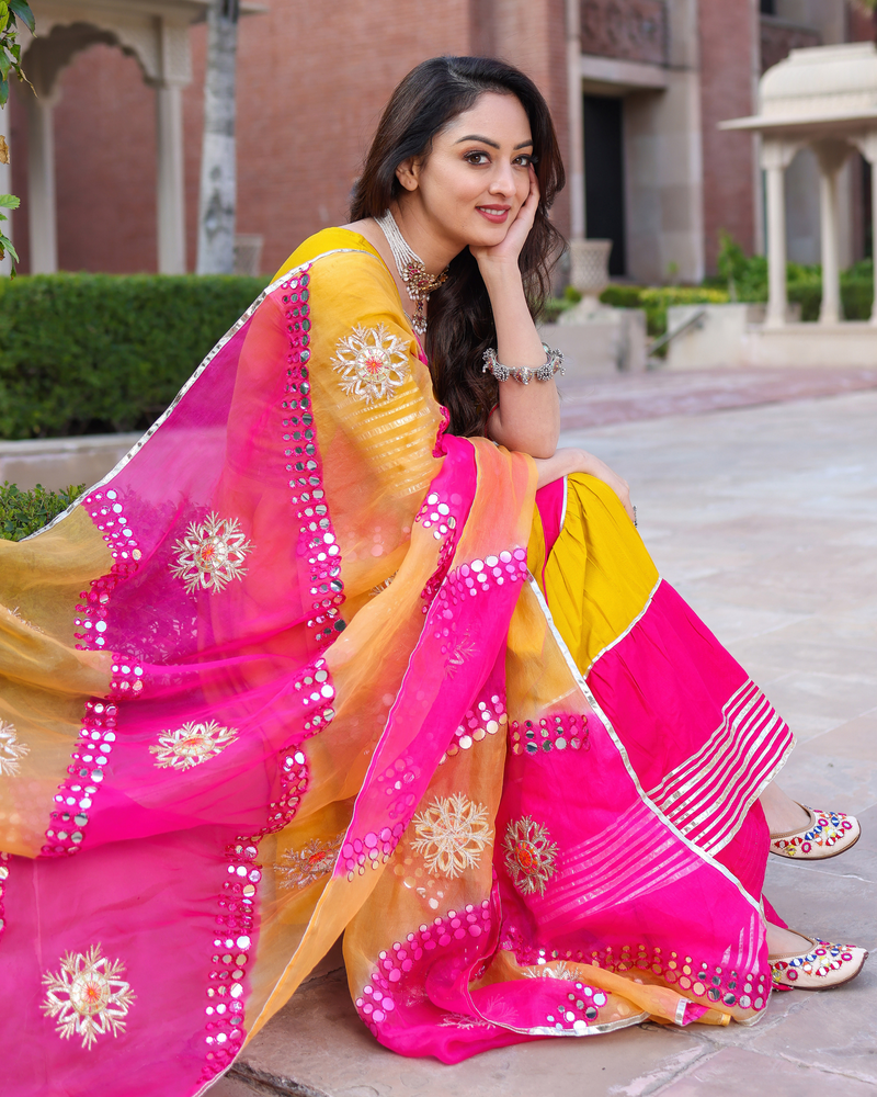 Designer Yellow & Pink Anarkali sharara With Dupatta