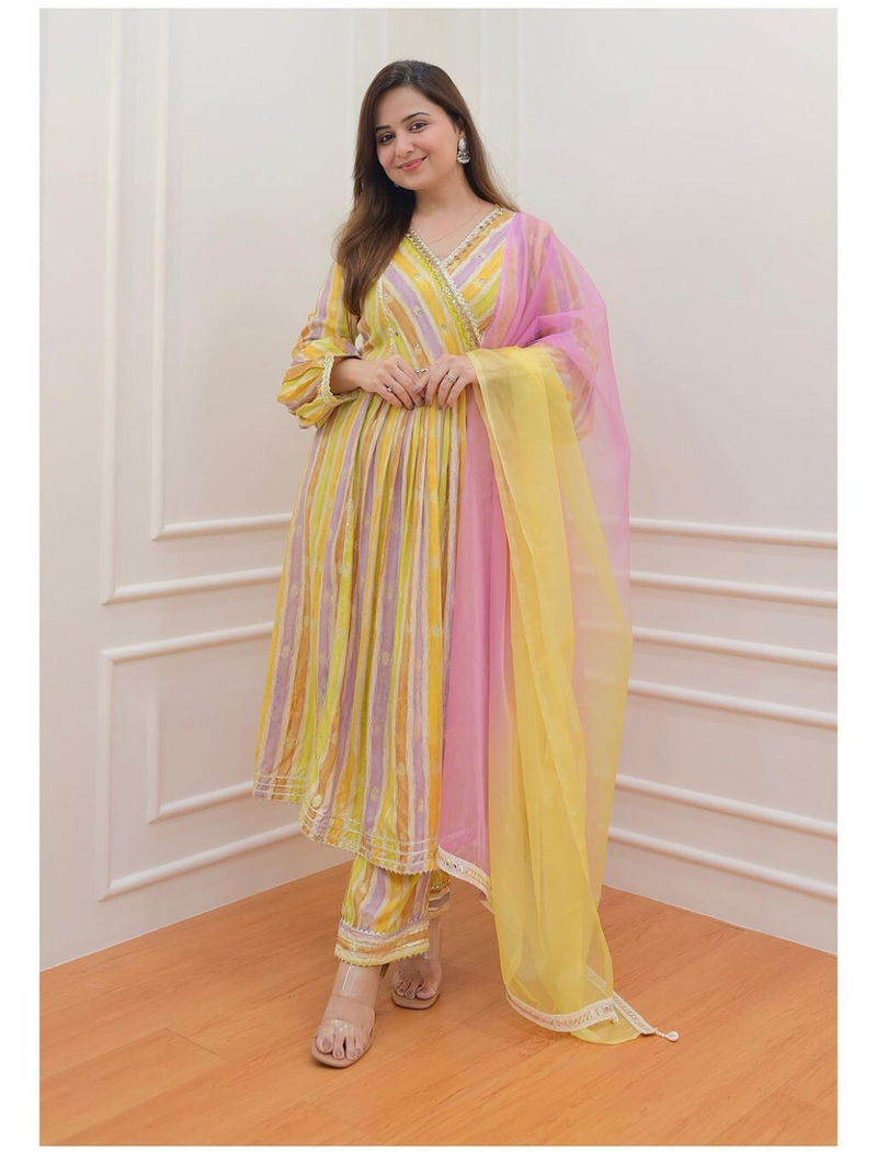 Leheriya Yellow - Lilac Muslin Suit Set with Dupatta