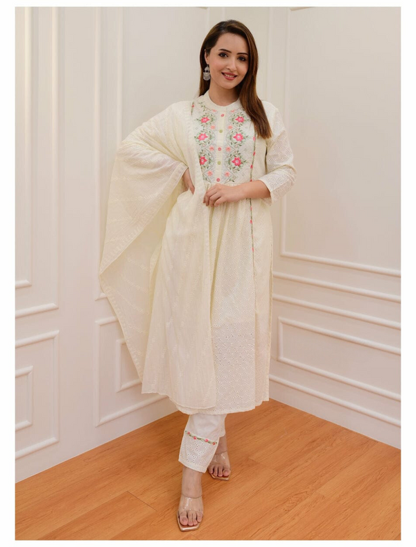 White schiffli chikankari set Suit With Dupatta