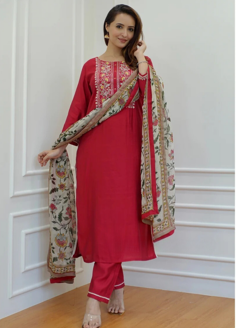 BEAUTIFUL RED EMBROIDERY SUIT WITH DUPATTA