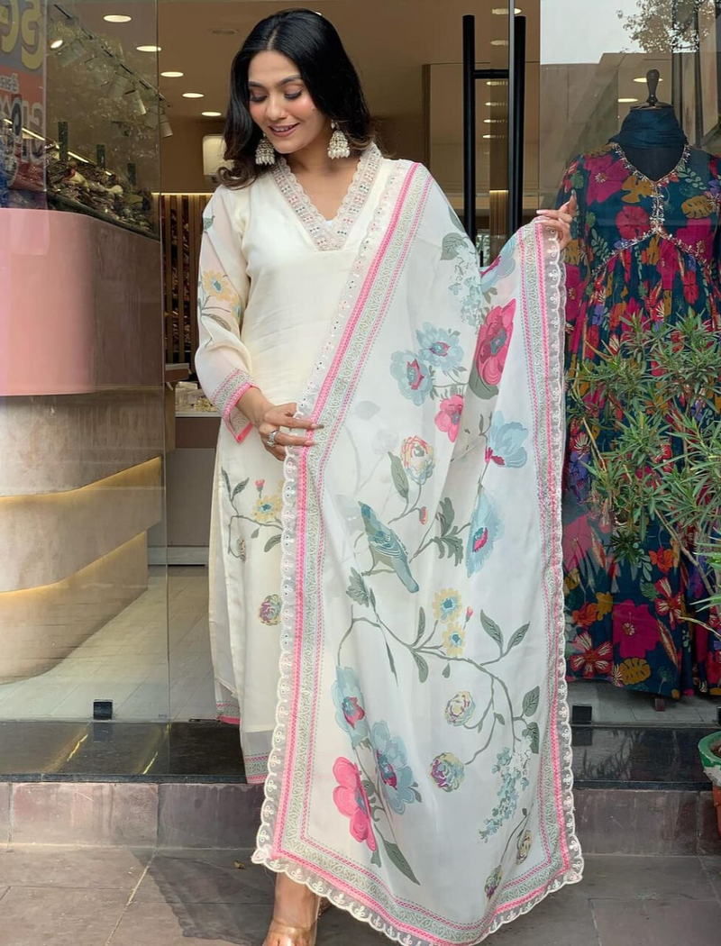 Beautiful White Heavy Floral Suit With Dupatta