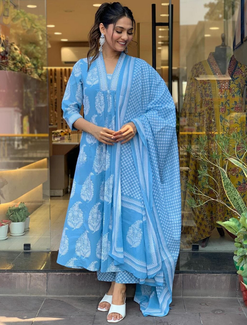 Designer Sky Blue Printed Suit With Dupatta