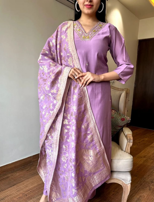 Elegant Purple Embroidered Suit With Dupatta