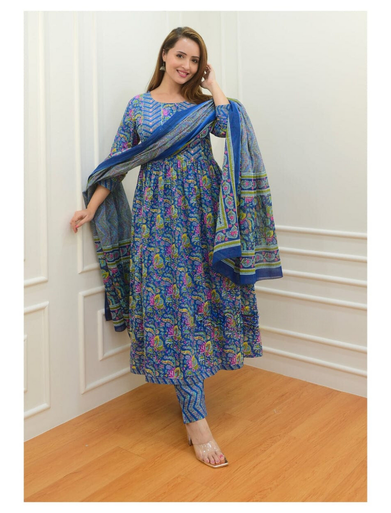 Sanganeri Block Printed Anarkali Suit Set With Dupatta