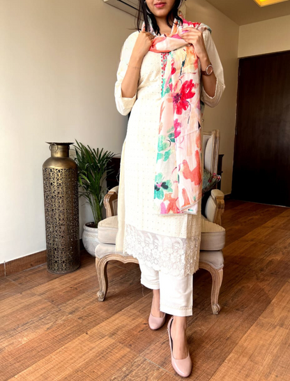 Classic Chikankari Suit With Colorful Dupatta