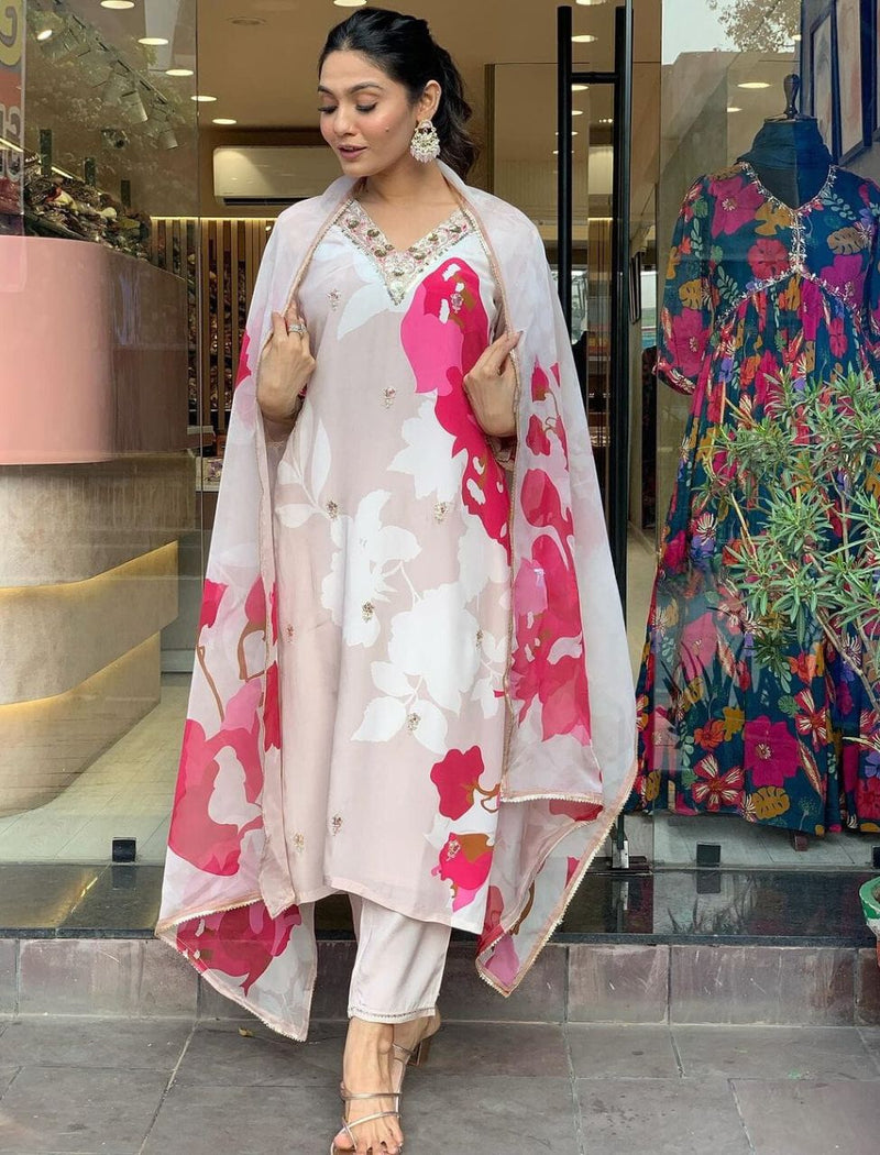 Designer White Printed Suit With Dupatta