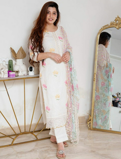 Premium Chicken Schiffli Hand Printed Suit With Dupatta