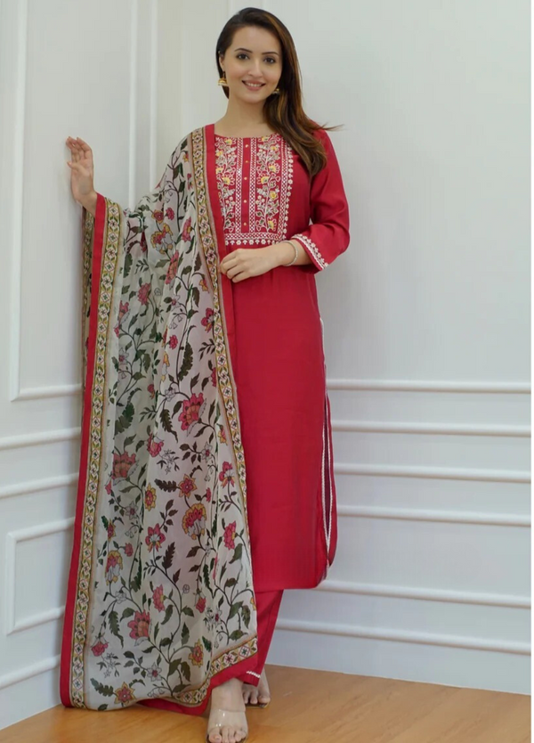 BEAUTIFUL RED EMBROIDERY SUIT WITH DUPATTA