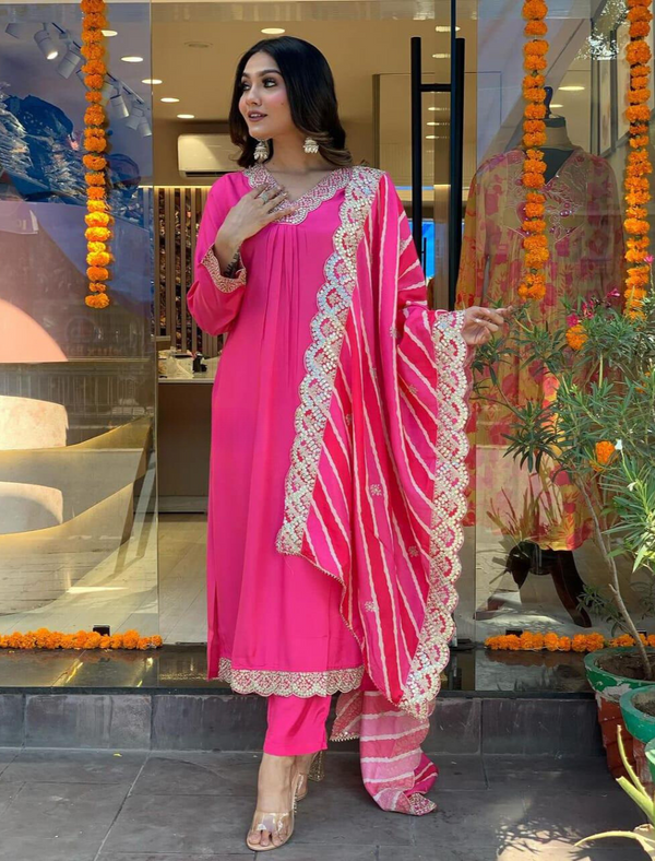 Premium Pink Hand Work Embroidered Suit With Dupatta