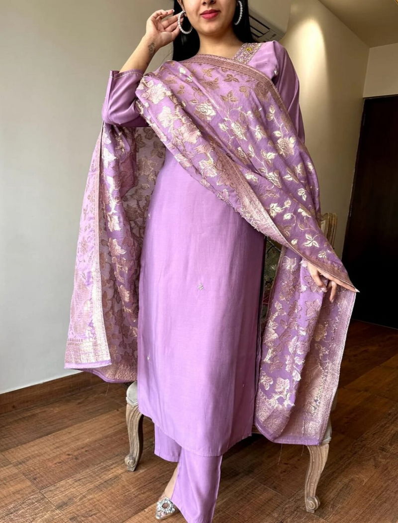 Elegant Purple Embroidered Suit With Dupatta