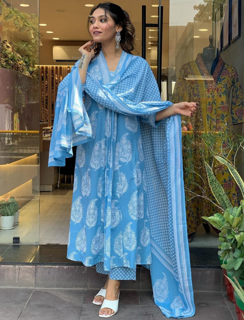 Designer Sky Blue Printed Suit With Dupatta