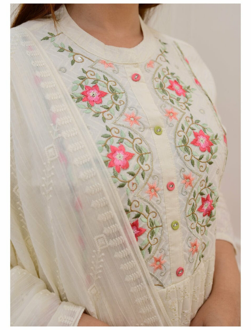 White schiffli chikankari set Suit With Dupatta