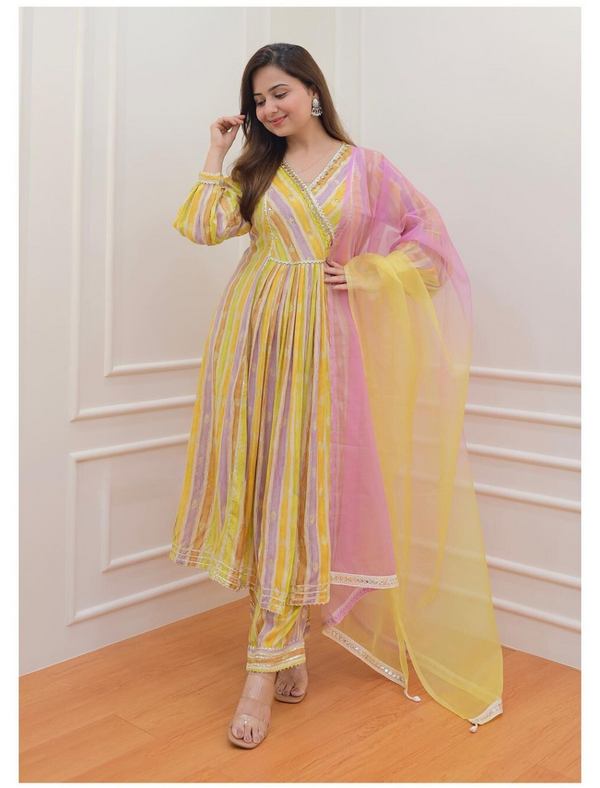 Leheriya Yellow - Lilac Muslin Suit Set with Dupatta