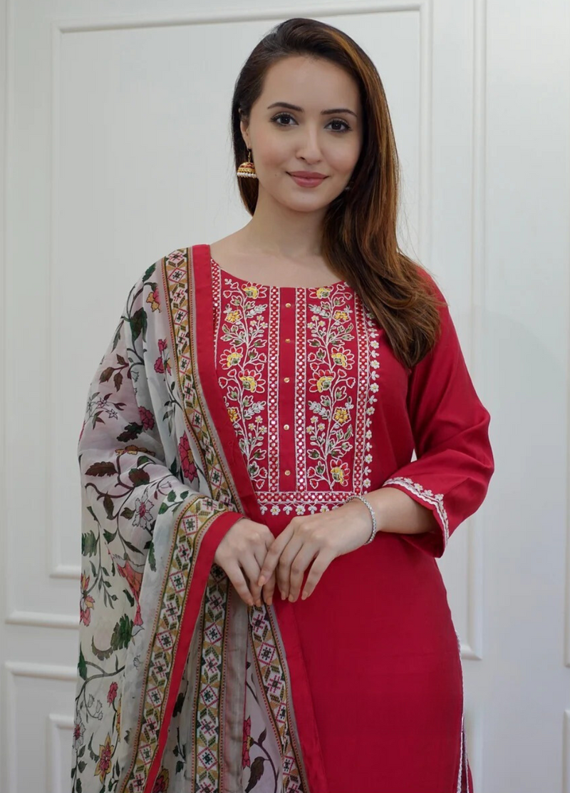 BEAUTIFUL RED EMBROIDERY SUIT WITH DUPATTA