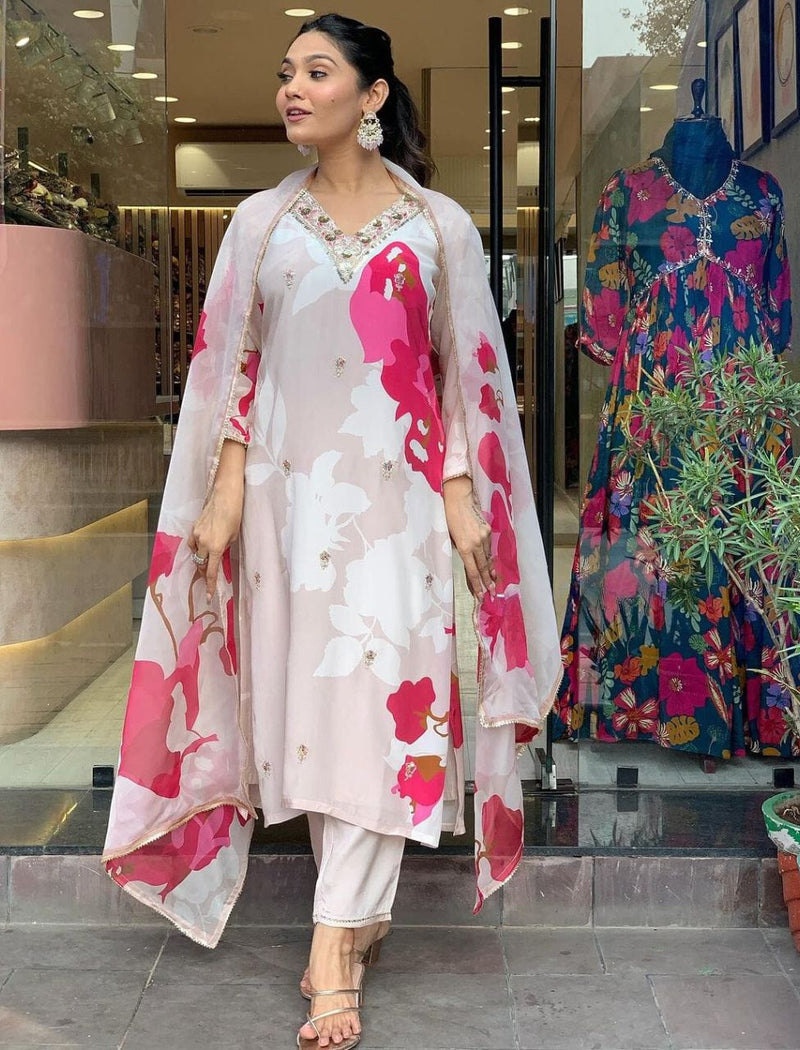 Designer White Printed Suit With Dupatta