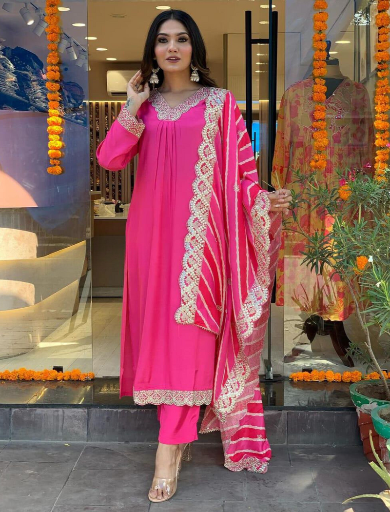 Premium Pink Hand Work Embroidered Suit With Dupatta