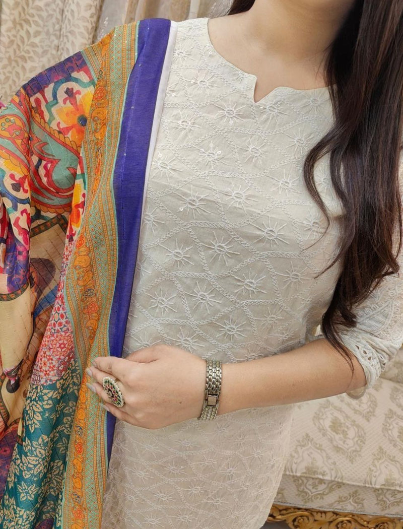 Chikankari White Embroidered Suit With Dupatta