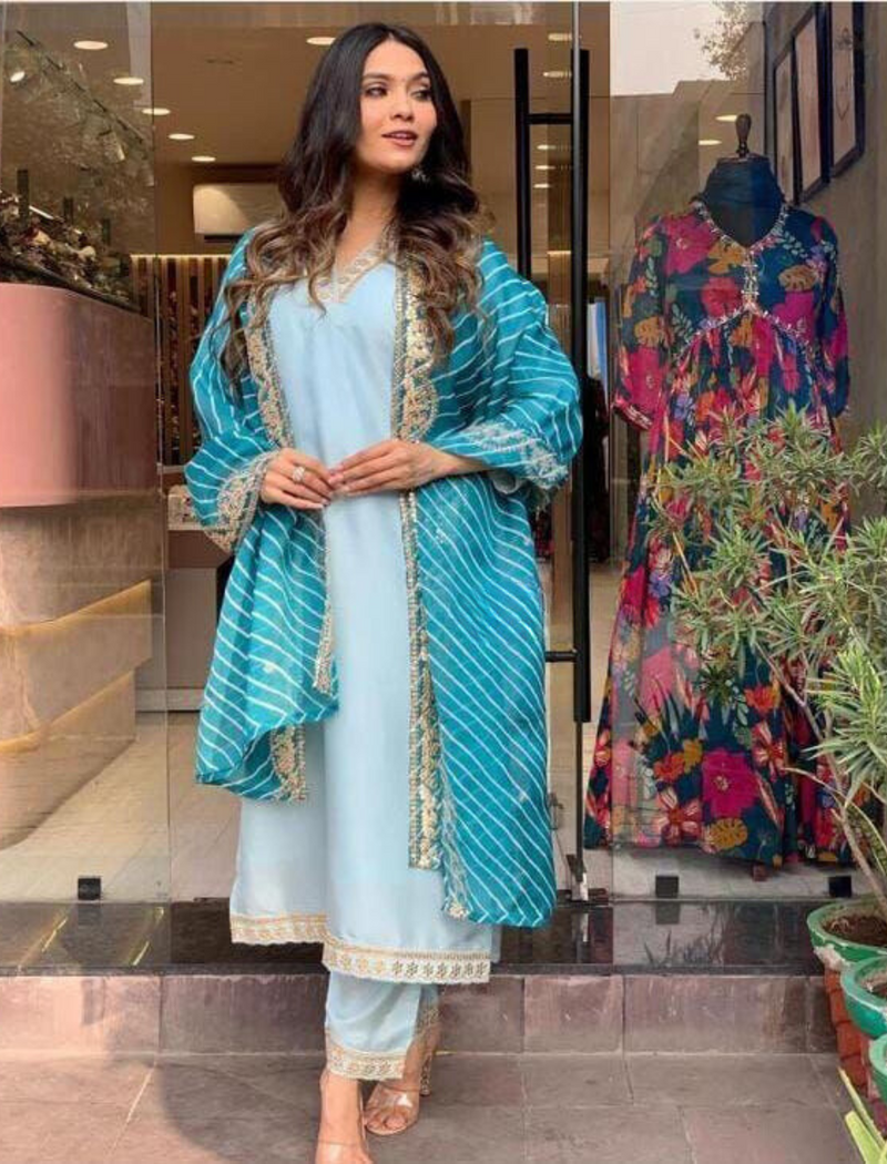 Heavy Silk Embroidered Suit With Dupatta