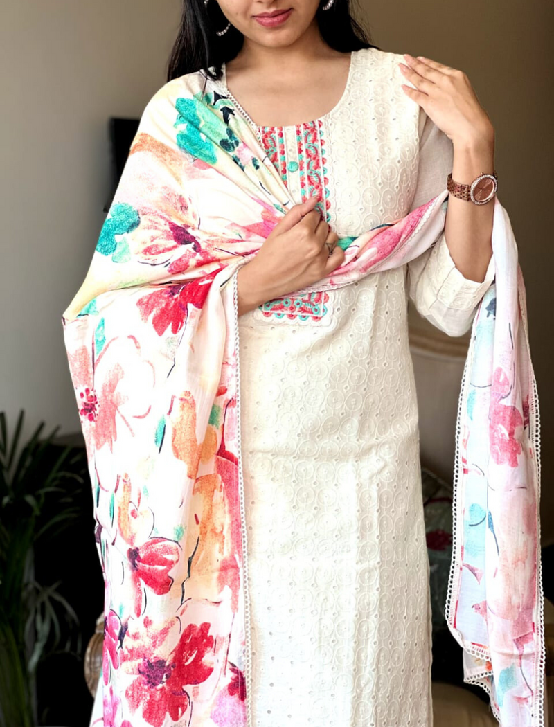 Classic Chikankari Suit With Colorful Dupatta