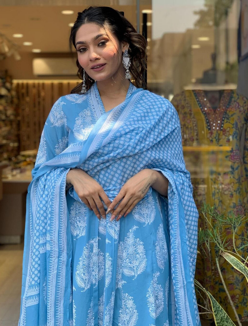 Designer Sky Blue Printed Suit With Dupatta