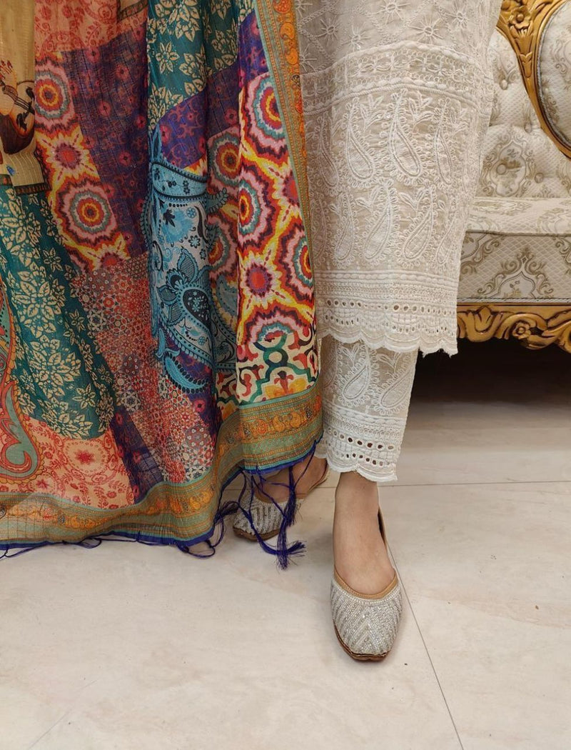 Chikankari White Embroidered Suit With Dupatta